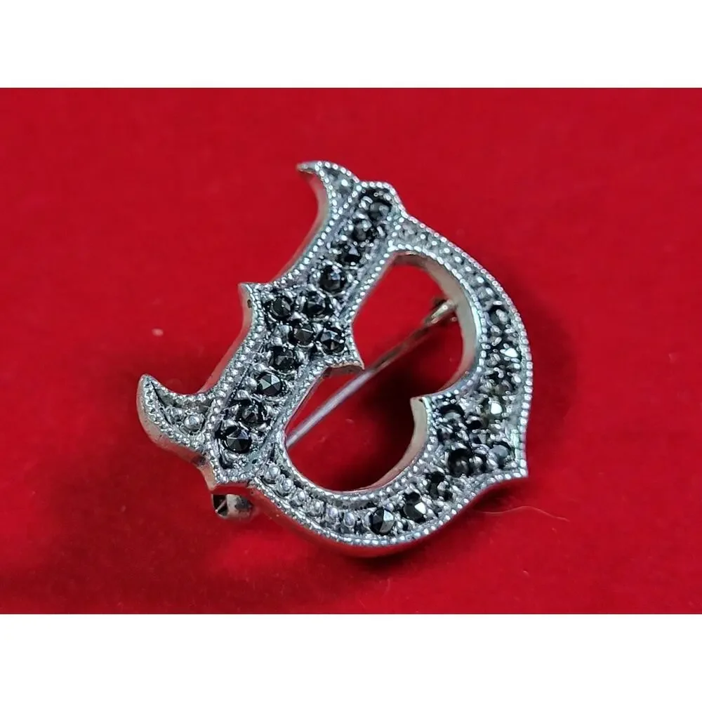Vintage Sterling Silver 925 Marcasite Gemstones Face Mask Brooch Pin